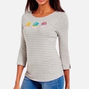 TALBOTS 3/4 SLEEVE TOP CUPCAKES SEQUIN WHITE GRAY STRIPES SZ M COTTON PREPPY